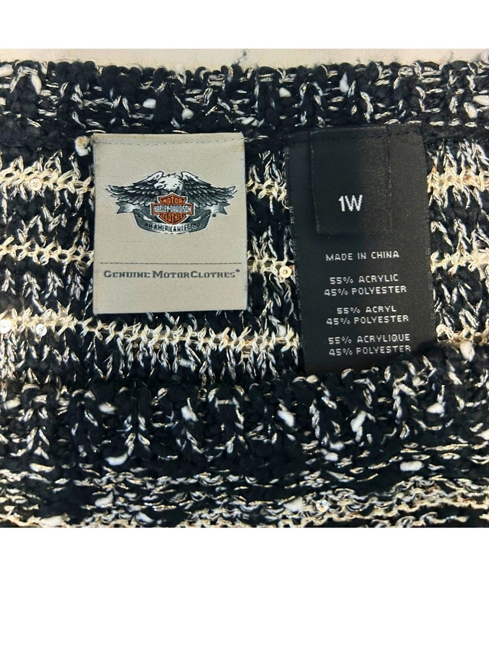 Harley-Davidson 1W Metallic Sequin Striped Knit Sweater Black Ivory - Picture 4 of 7